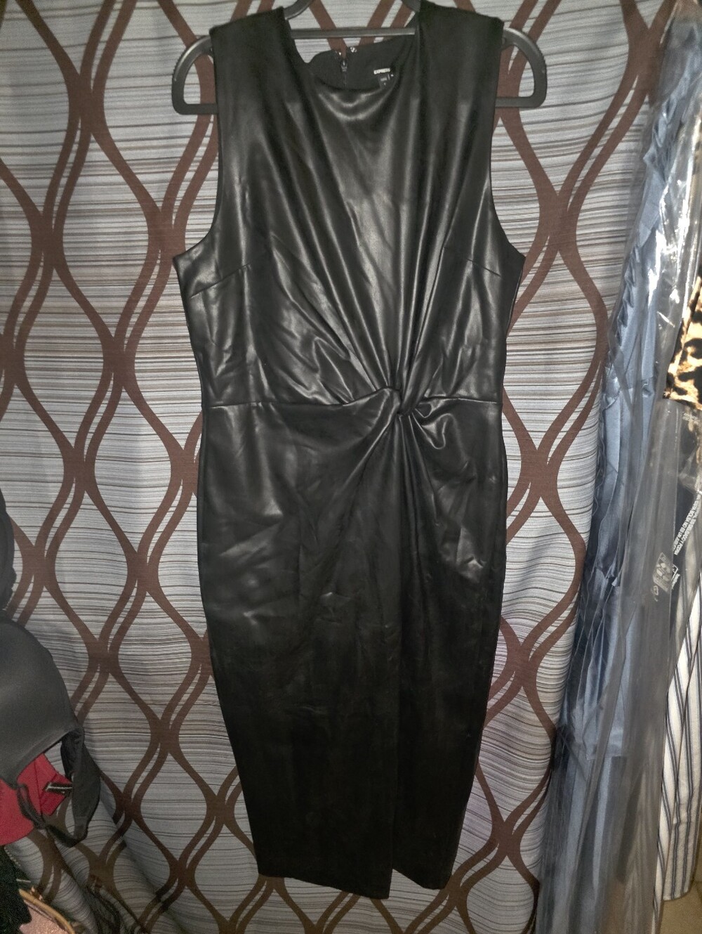 Express Black Faux Leather Midi Dress with Twist Detail